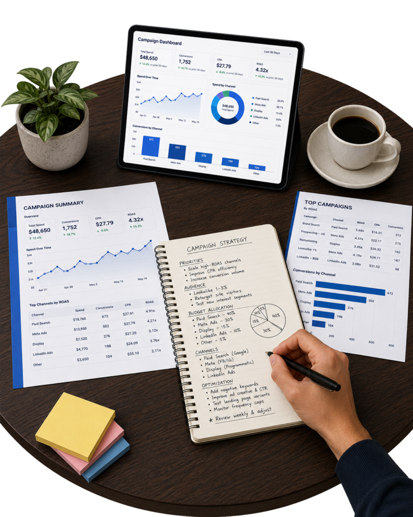 Análisis estratégico de campañas Google Ads con métricas de CPA, ROAS y conversiones