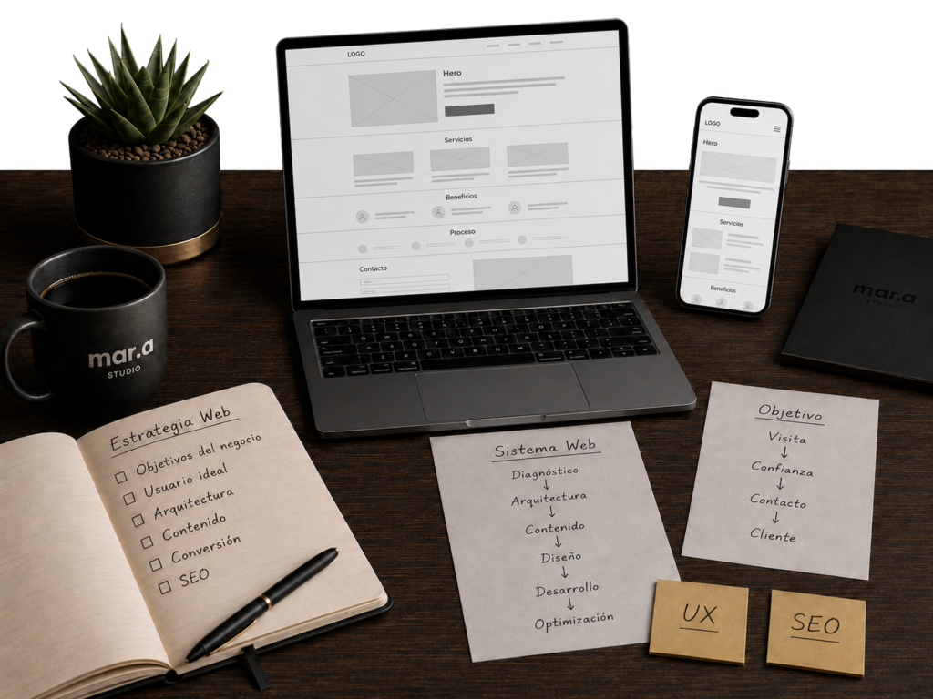 Espacio de trabajo de Marqa Studio mostrando el proceso de estrategia para diseño web, con wireframes, arquitectura del sitio, versión responsive, UX y SEO para desarrollar sitios web orientados a la conversión.