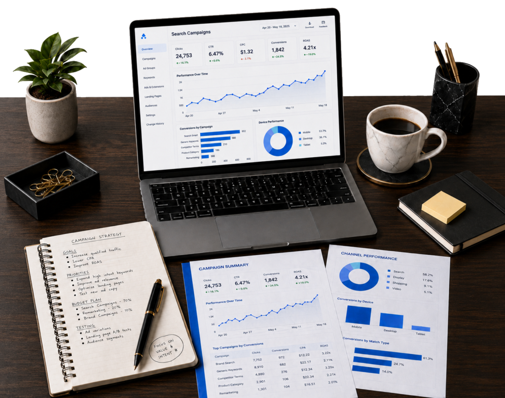 Gestión estratégica de campañas Google Ads orientadas a generación de clientes y conversión.