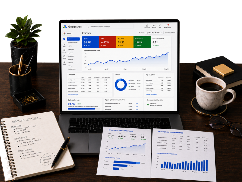 Gestión estratégica de campañas Google Ads con análisis de conversiones, palabras clave y optimización de resultados
