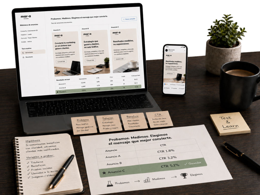 Pruebas creativas en campañas de Meta Ads para optimizar mensajes, anuncios y conversiones mediante testing continuo.