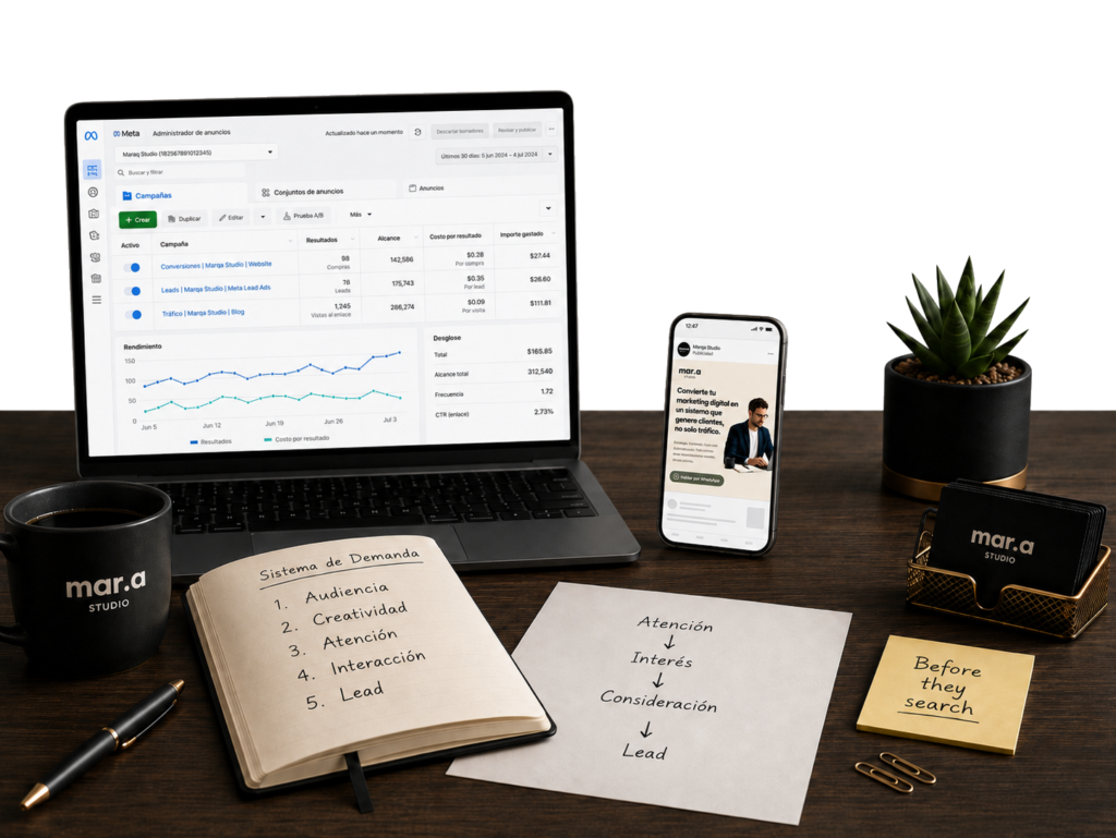 Estrategia Meta Ads para generación de demanda con audiencias, creatividad, atención e interacción antes de la conversión.