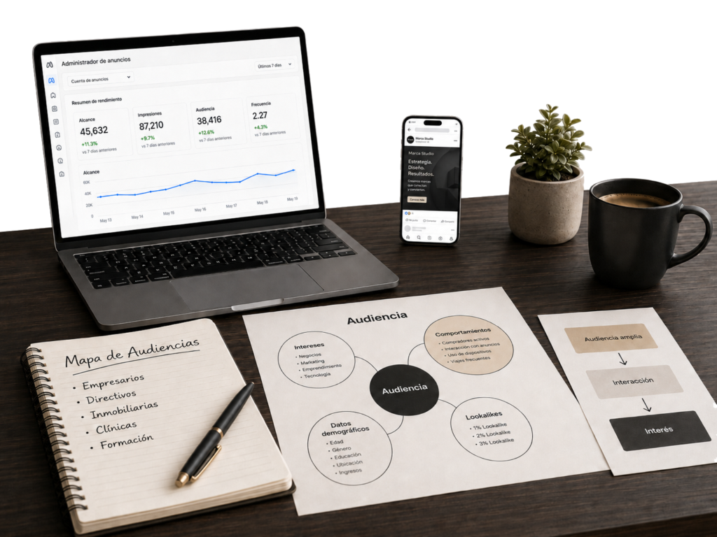 Estrategia de prospecting en Meta Ads mediante segmentación de audiencias, intereses, comportamientos y audiencias similares para generar demanda antes de la búsqueda.