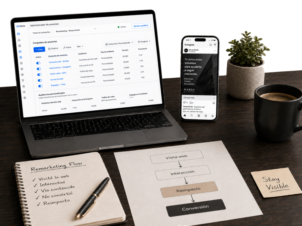 Estrategia de remarketing en Meta Ads mostrando audiencias personalizadas, reimpacto publicitario y proceso de conversión para recuperar oportunidades de negocio.