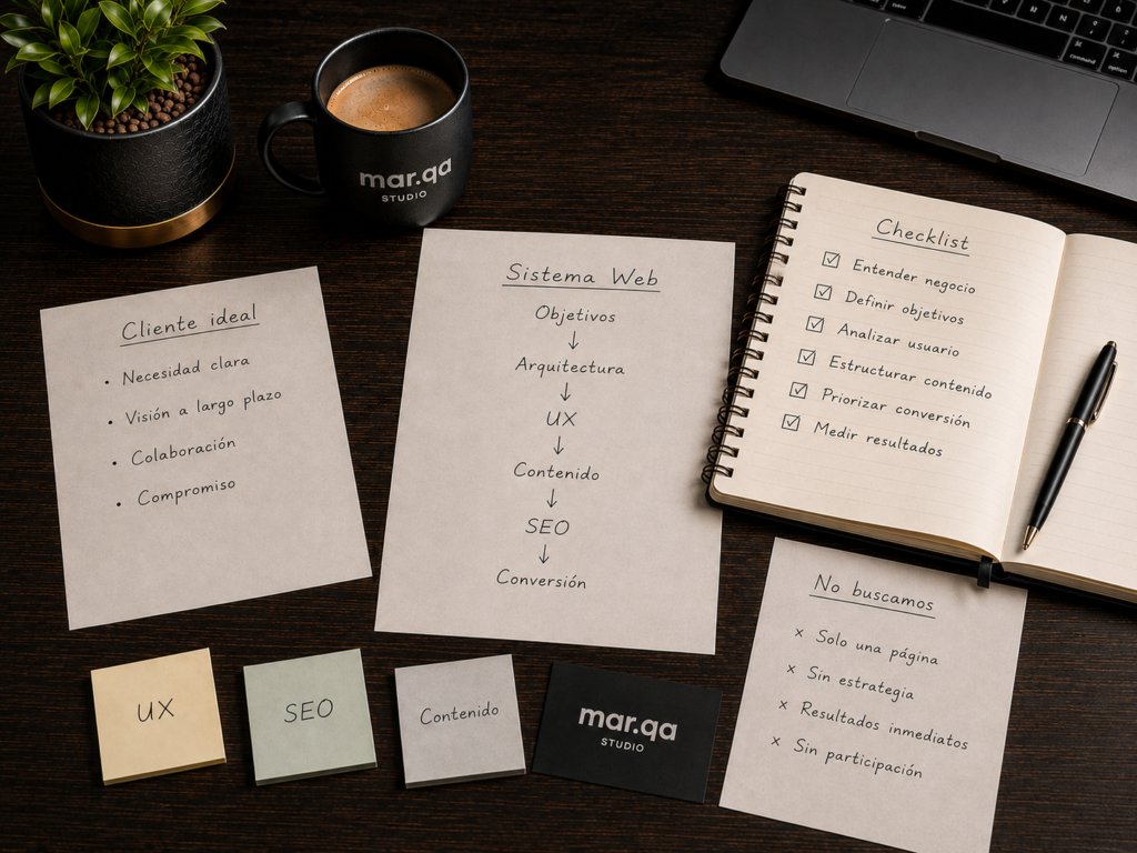 Escritorio de trabajo con documentos de estrategia, checklist, arquitectura web, UX, SEO y planificación para el desarrollo de un sitio web profesional.