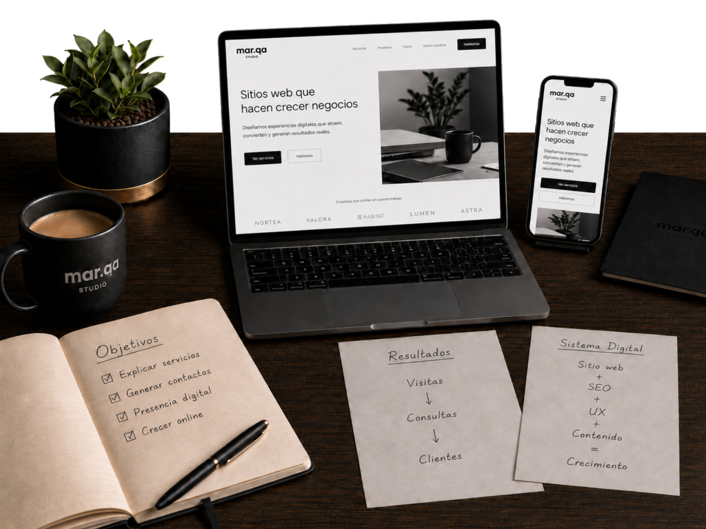 Escritorio de trabajo con un sitio web profesional en laptop y móvil, junto a objetivos de negocio, resultados y estrategia digital para representar el crecimiento mediante una presencia web.