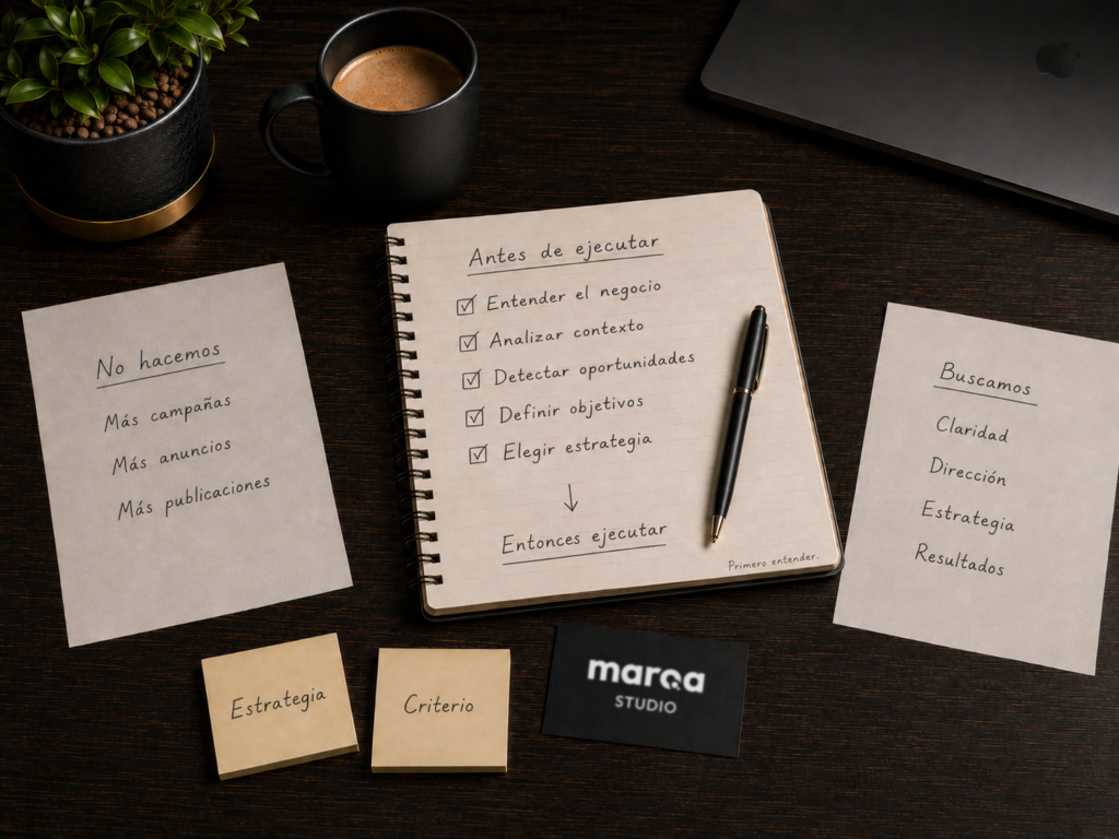Libreta con una metodología de marketing estratégico que muestra el proceso de entender el negocio, analizar el contexto, detectar oportunidades y definir una estrategia antes de ejecutar campañas digitales.
