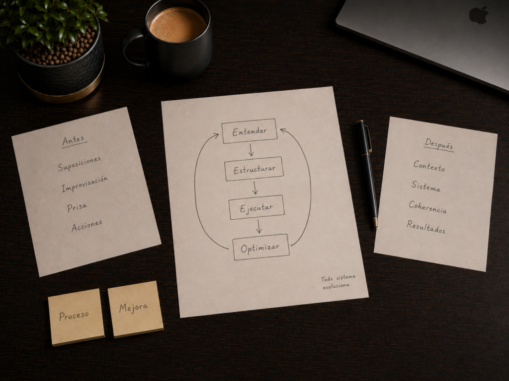 Diagrama visual del proceso de mejora continua de Marqa Studio: entender el negocio, estructurar la estrategia, ejecutar acciones y optimizar resultados de forma continua.