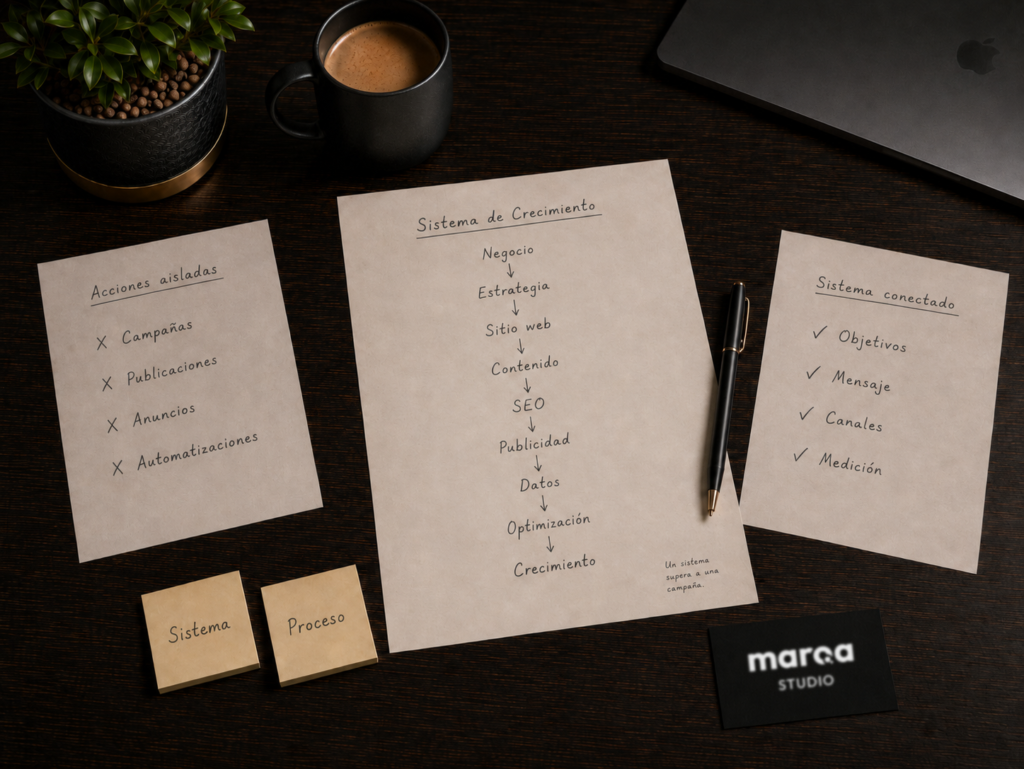 Escritorio de trabajo con un diagrama de un sistema de crecimiento que integra estrategia, sitio web, contenido, SEO, publicidad, análisis de datos y optimización para generar crecimiento sostenible.