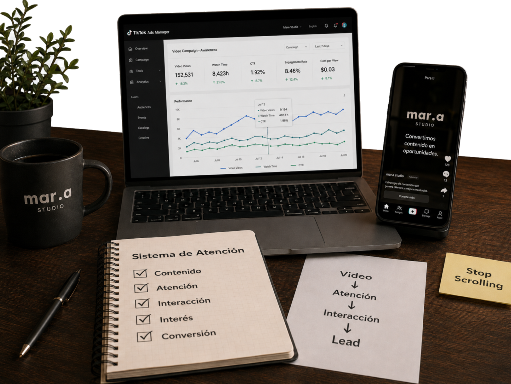 Sistema de TikTok Ads orientado a captar atención, generar interacción y convertir contenido en oportunidades de negocio mediante estrategia y optimización continua.
