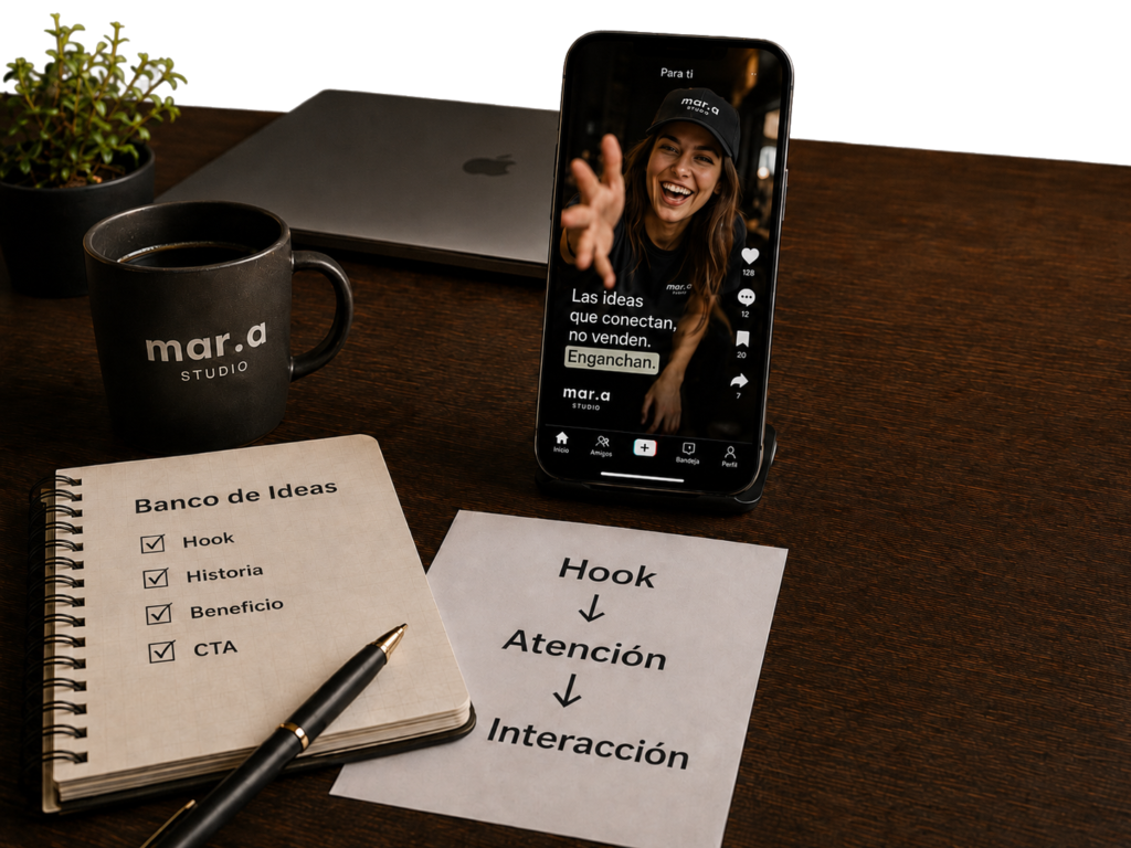 Proceso creativo para campañas de TikTok Ads basado en ideas, contenido, atención e interacción para generar oportunidades de negocio.